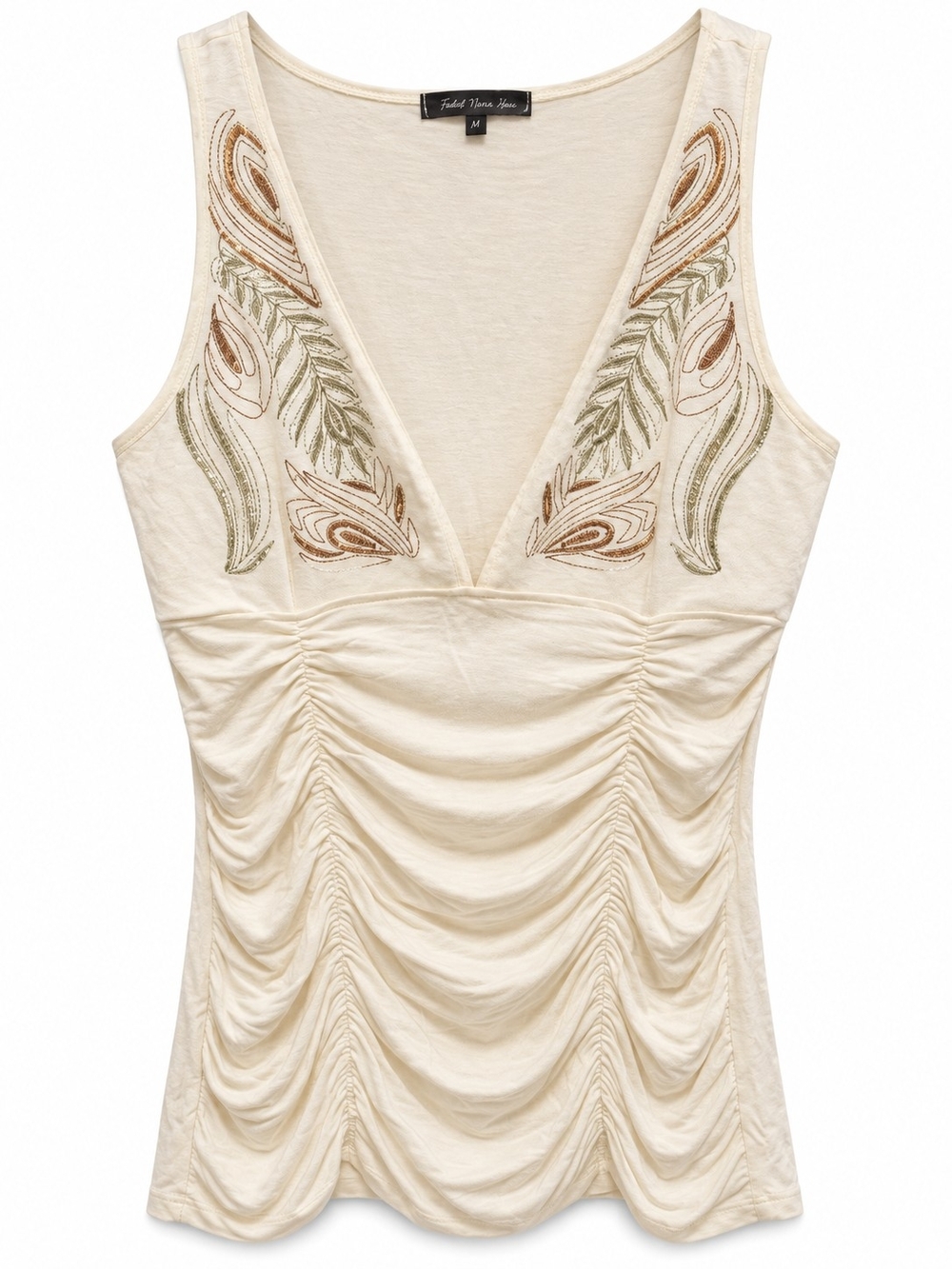 Heart Moon Star Cream Embroidered Ruched Y2K Tank Top Medium